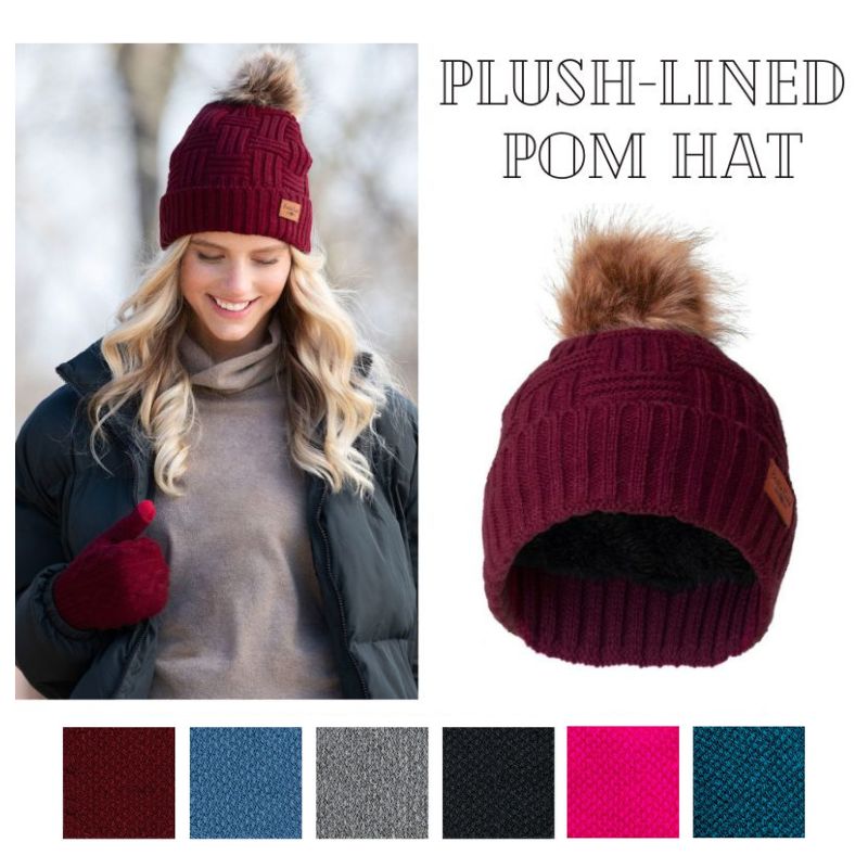 Plush-Lined Knit Hat w/Pom